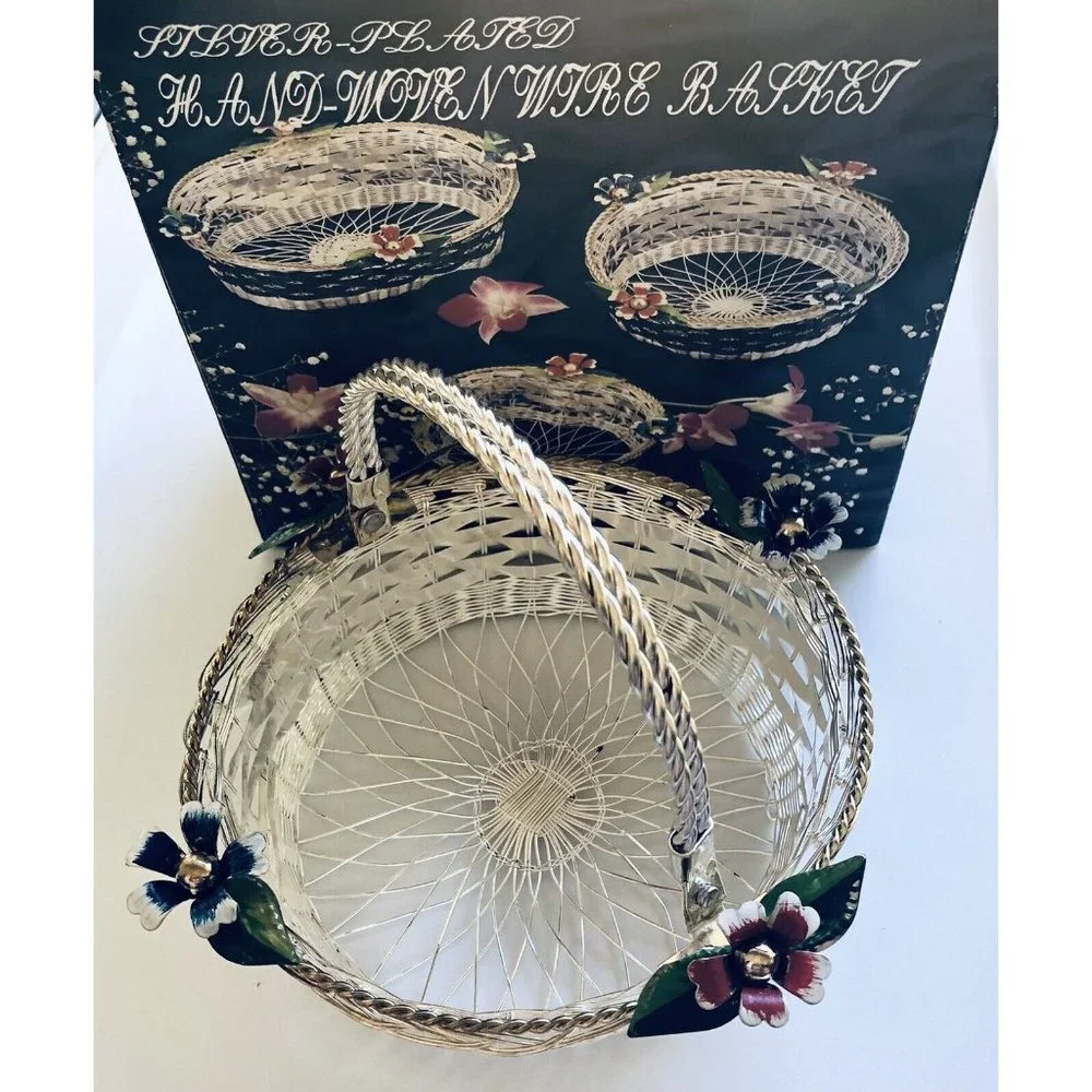 Vintage Hand Woven‎ Wire Basket Silver Plated Pretty Flowers Gift- NIB
